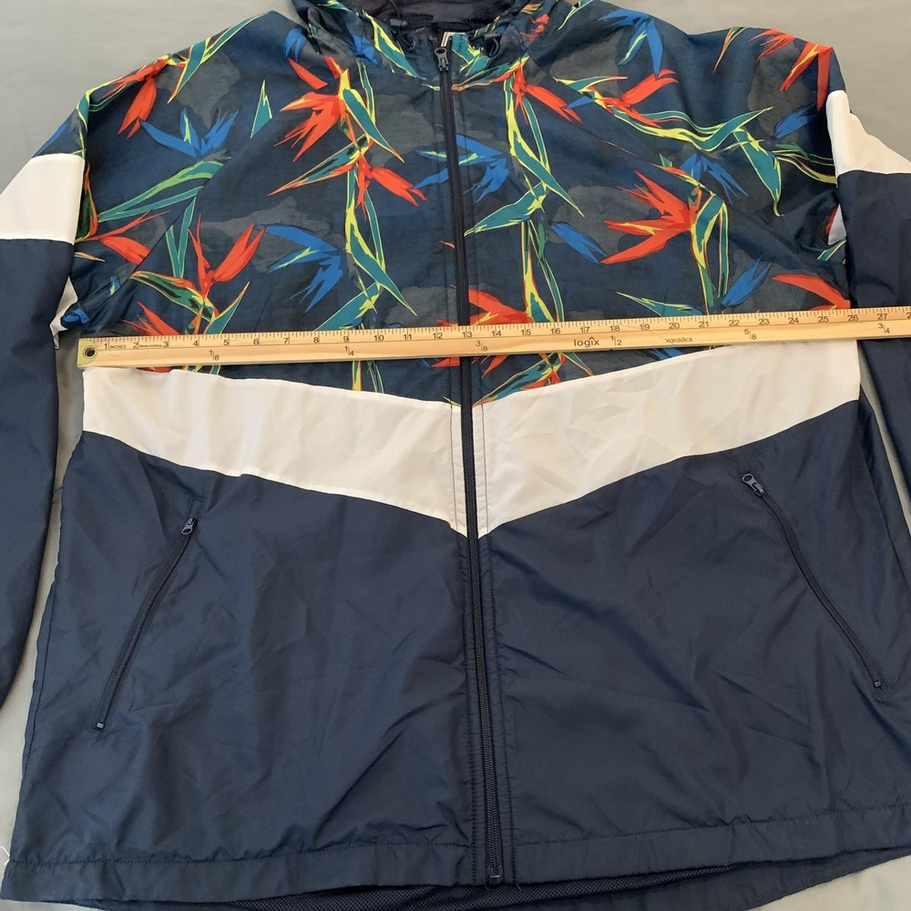 Russell Jacket Mens 2XL Blue Tropical Floral Hooded Windbreaker Zip Pockets - Picture 3 of 6